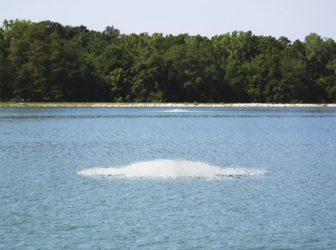 Two Aquarian Quantum aerators running on a large open lagoon, each throwing a low white dome of water across the surface with a treeline behind.